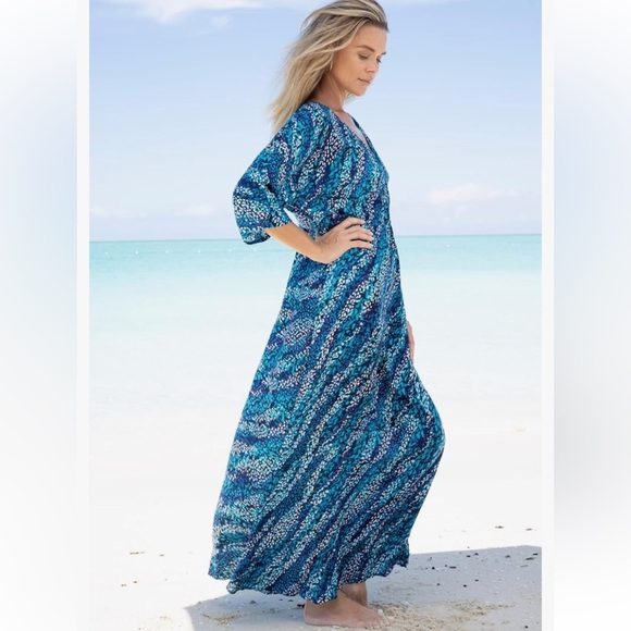 Swimsuits For All Cover Up Maxi Dress Faux Wrap Plus 34W 36W Blue Animal Dot - Picture 2 of 13
